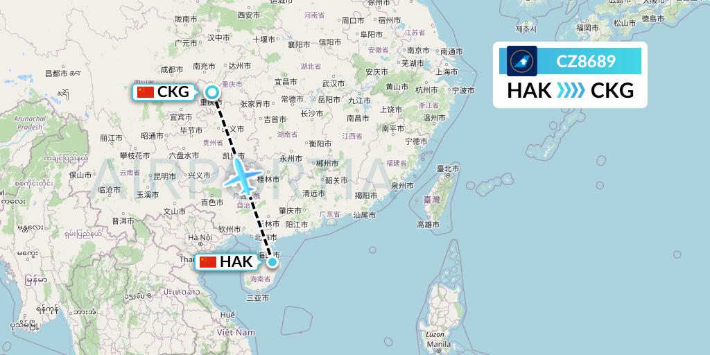 CZ8689 China Southern Airlines Flight Map: Haikou to Chongqing