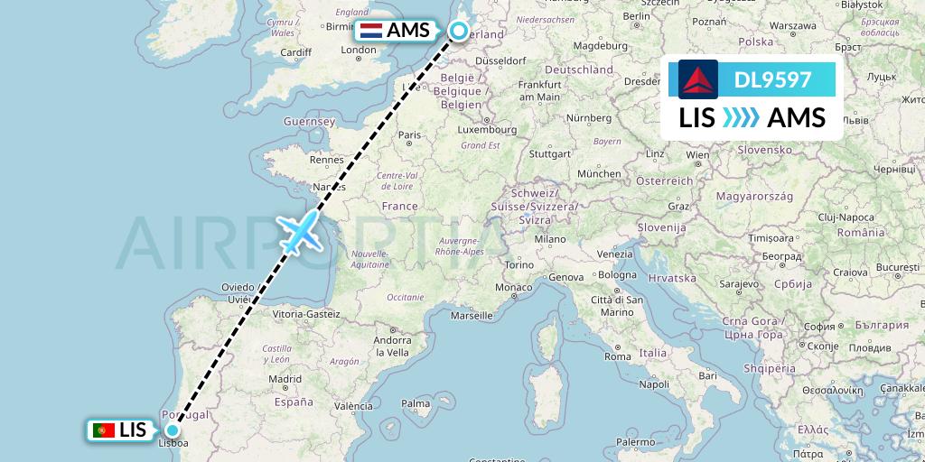 DL9597 Delta Air Lines Flight Map: Lisbon to Amsterdam