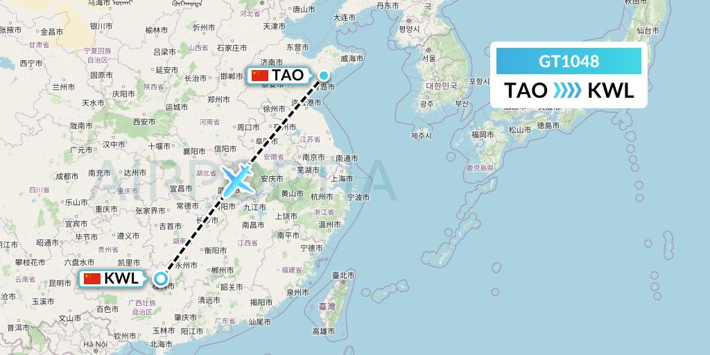 GT1048 Air Guilin Flight Map: Qingdao to Guilin