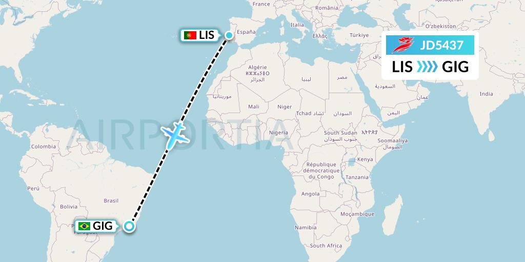 JD5437 Capital Airlines Flight Map: Lisbon to Rio de Janeiro
