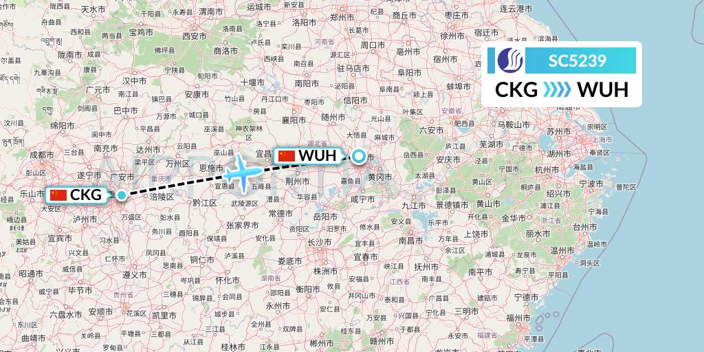 SC5239 Shandong Airlines Flight Map: Chongqing to Wuhan
