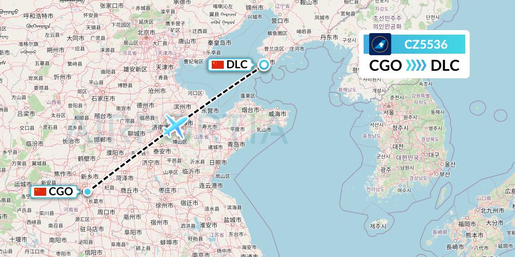 CZ5536 China Southern Airlines Flight Map: Zhengzhou to Dalian