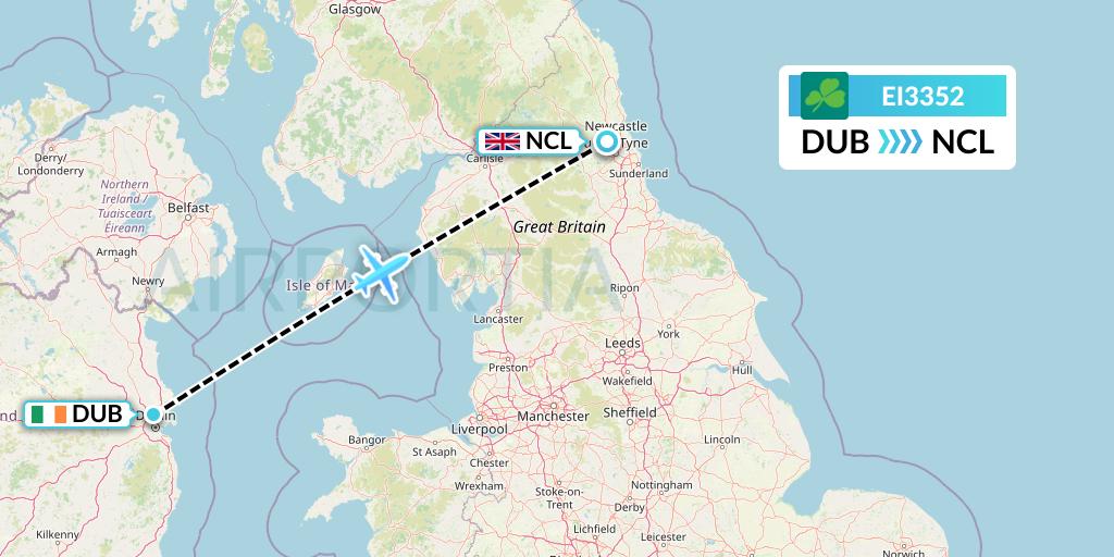 EI3352 Aer Lingus Flight Map: Dublin to Newcastle