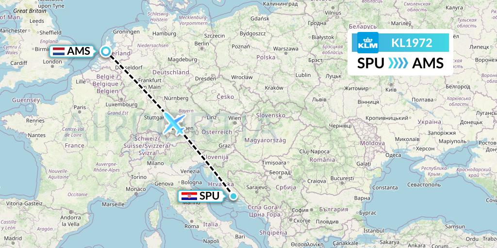 KL1972 KLM Flight Map: Split to Amsterdam