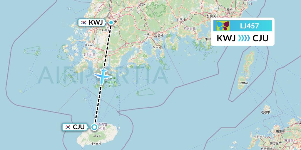 LJ457 Jin Air Flight Map: Gwangju to Jeju
