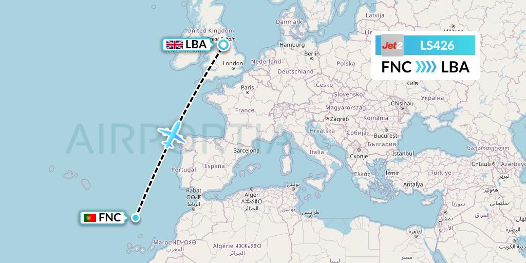 LS426 Jet2 Flight Map: Funchal to Leeds