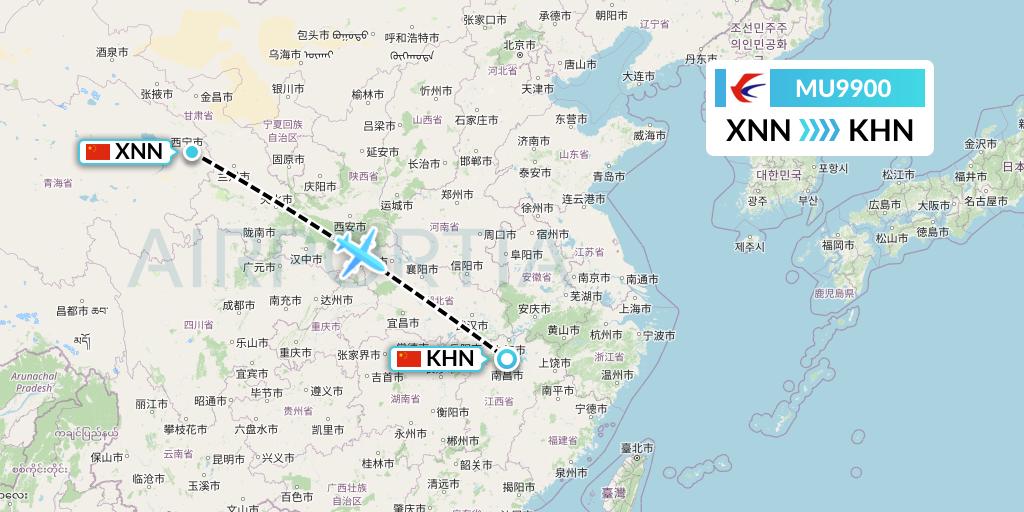 MU9900 China Eastern Airlines Flight Map: Xining to Nanchang
