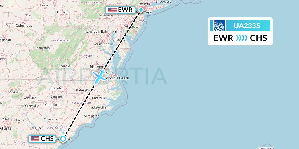 UA2335 United Airlines Flight Map: New York to Charleston