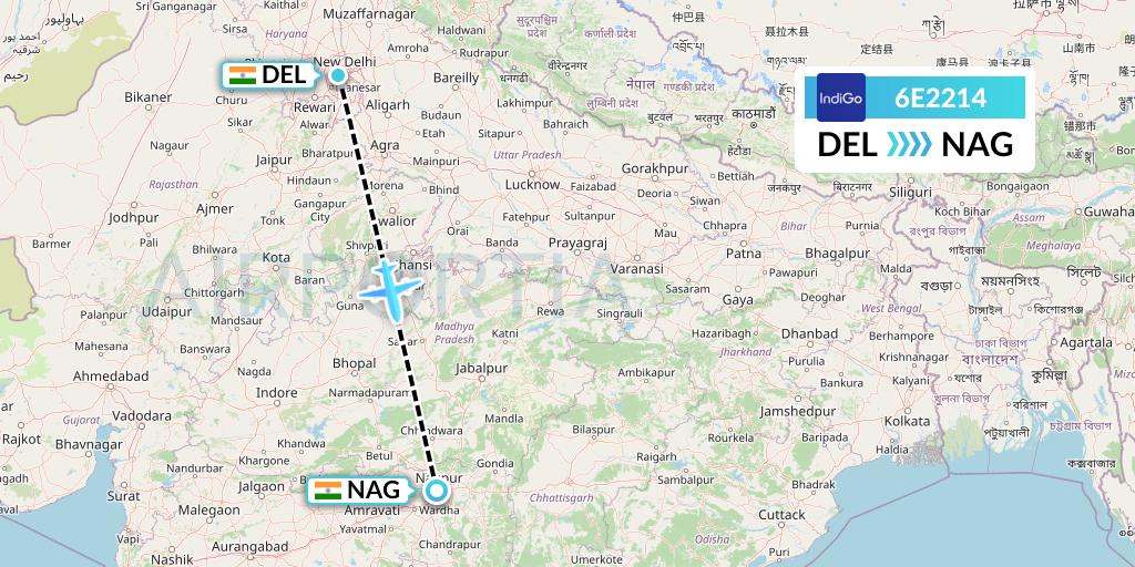6E2214 IndiGo Airlines Flight Map: Delhi to Nagpur