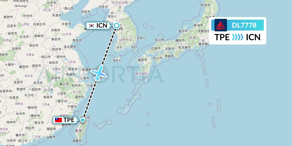DL7778 Delta Air Lines Flight Map: Taipei to Seoul