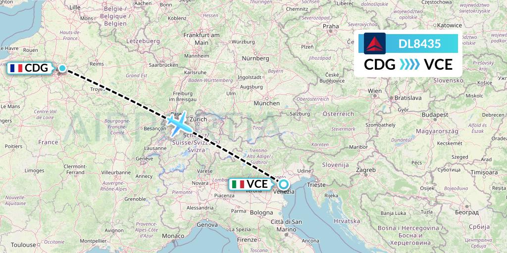 DL8435 Delta Air Lines Flight Map: Paris to Venice