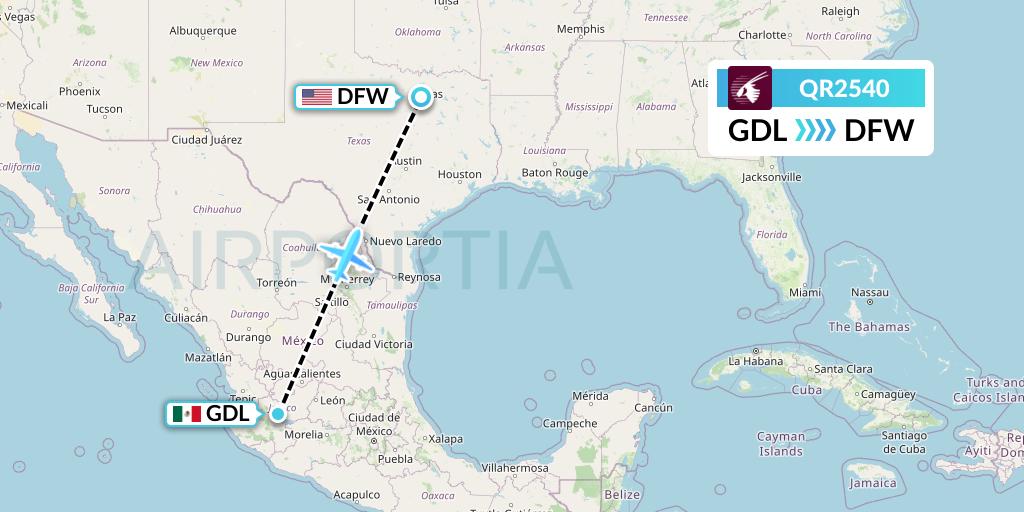 QR2540 Qatar Airways Flight Map: Guadalajara to Dallas