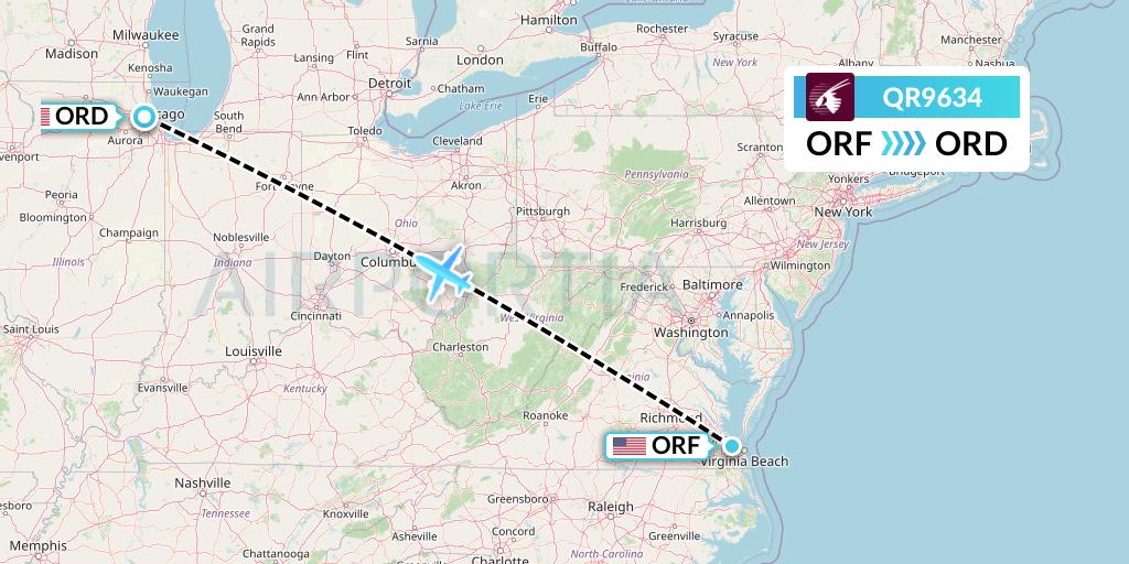 QR9634 Qatar Airways Flight Map: Norfolk to Chicago