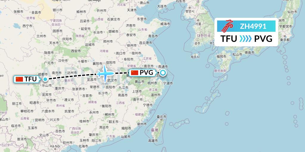 ZH4991 Shenzhen Airlines Flight Map: Chengdu to Shanghai