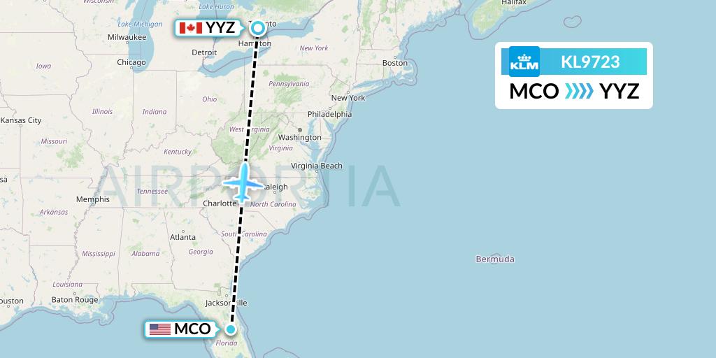 KL9723 KLM Flight Map: Orlando to Toronto