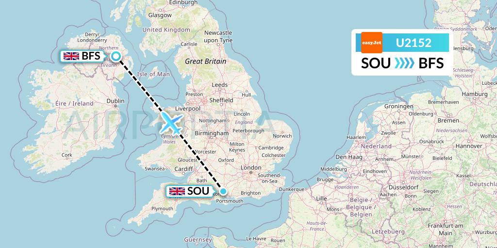 U2152 EasyJet Flight Map: Southampton to Belfast