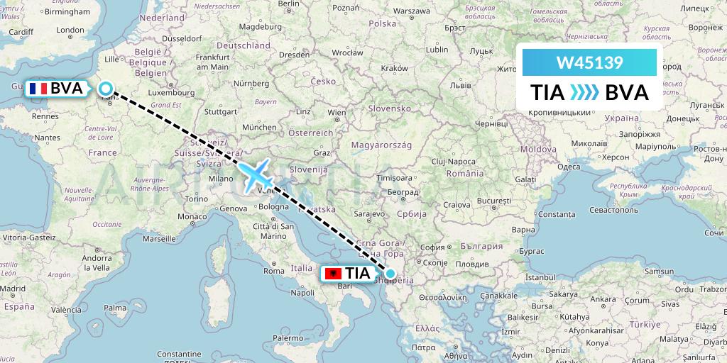 W45139 Wizz Air Malta Flight Map: Tirana to Paris