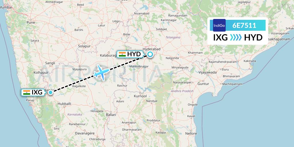 6E7511 IndiGo Airlines Flight Map: Belgaum to Hyderabad