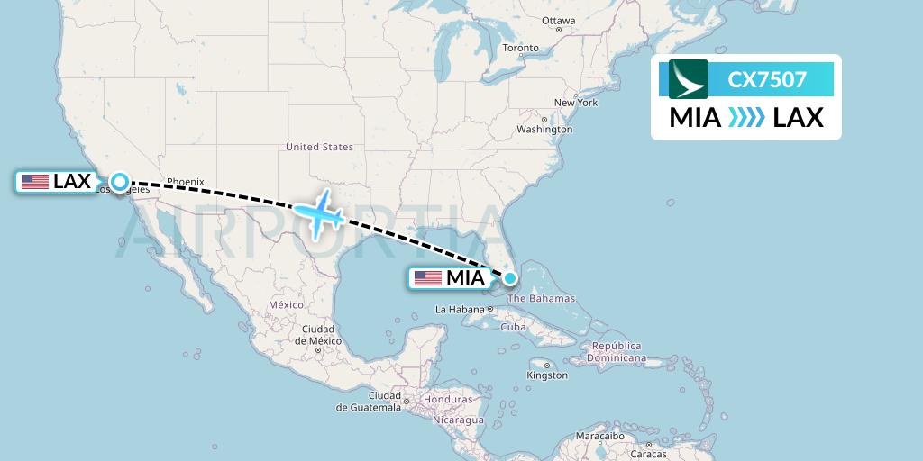 CX7507 Cathay Pacific Flight Map: Miami to Los Angeles