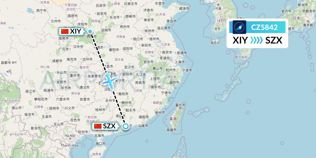 CZ5842 China Southern Airlines Flight Map: Xi'an to Shenzhen