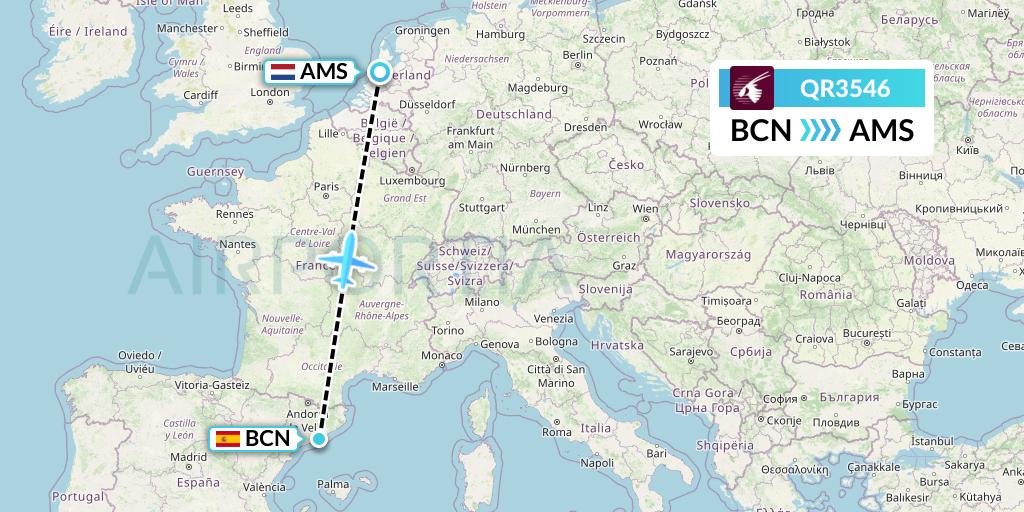 QR3546 Qatar Airways Flight Map: Barcelona to Amsterdam