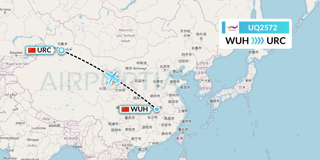 UQ2572 Urumqi Airlines Flight Map: Wuhan to Urumqi