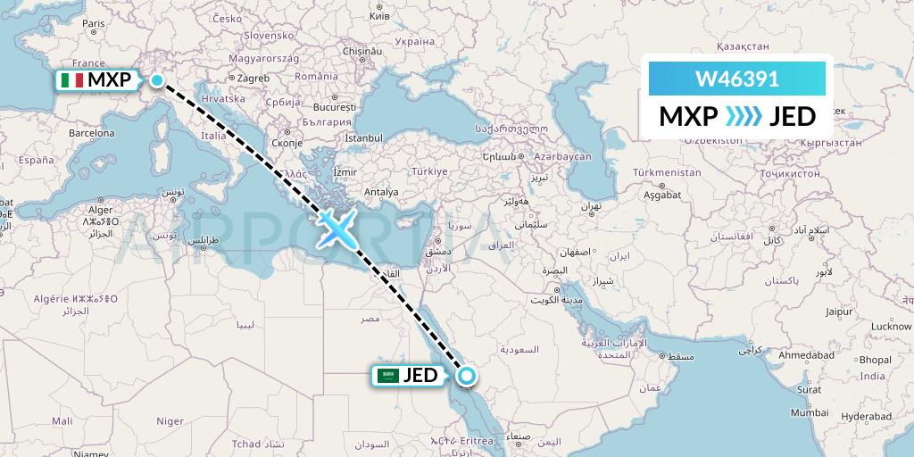 W46391 Wizz Air Malta Flight Map: Milan to Jeddah