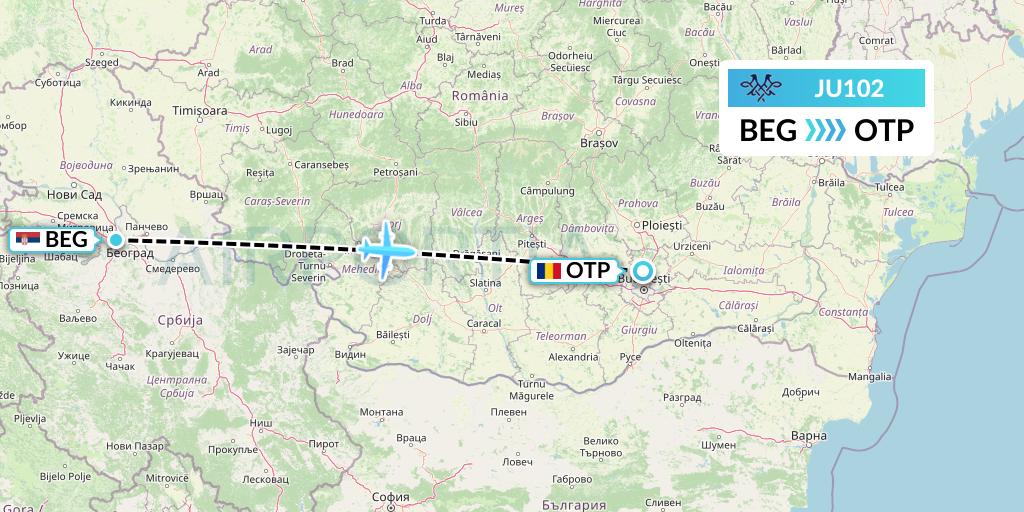 JU102 AirSERBIA Flight Map: Belgrade to Bucharest