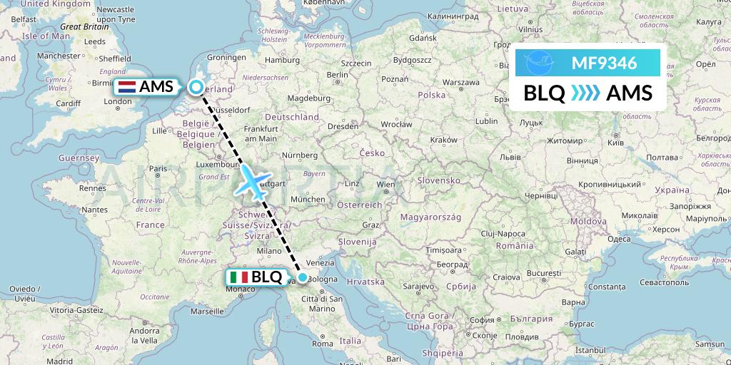 MF9346 Xiamen Airlines Flight Map: Bologna to Amsterdam