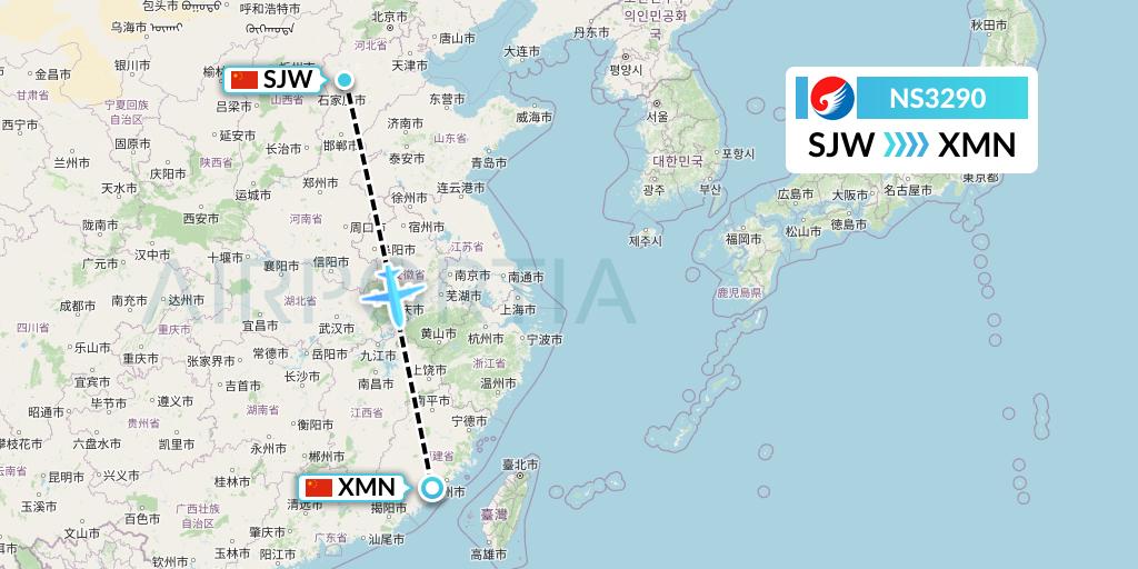 NS3290 Hebei Airlines Flight Map: Shijiazhuang to Xiamen