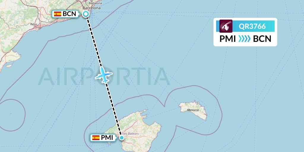 QR3766 Qatar Airways Flight Map: Palma de Mallorca to Barcelona