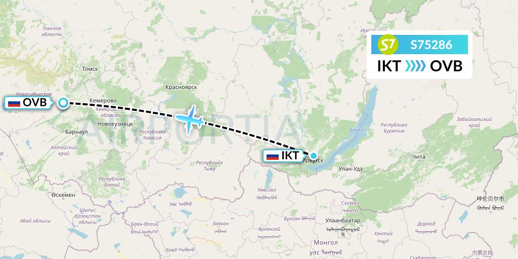 S75286 S7 Airlines Flight Map: Irkutsk to Novosibirsk