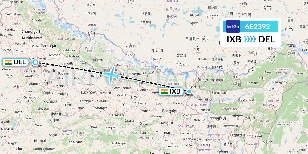 6E2392 IndiGo Airlines Flight Map: Siliguri to Delhi