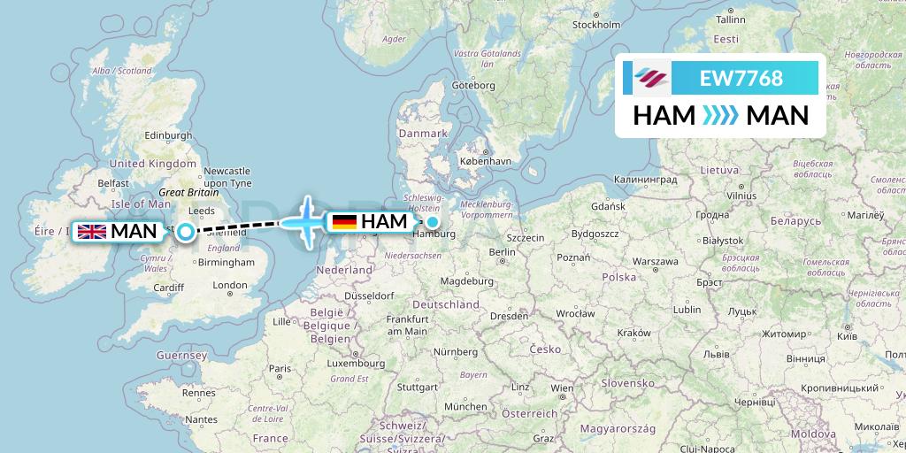 EW7768 Eurowings Flight Map: Hamburg to Manchester