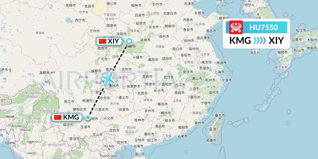 HU7550 Hainan Airlines Flight Map: Kunming to Xi'an