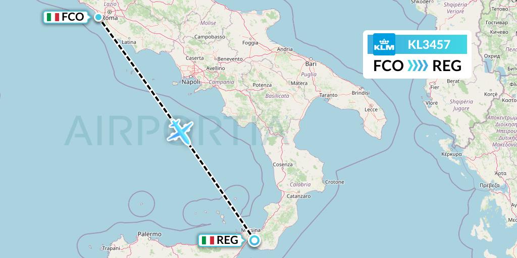 KL3457 KLM Flight Map: Rome to Reggio Calabria