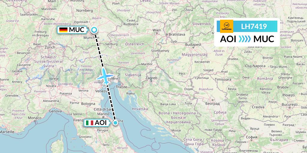 LH7419 Lufthansa Flight Map: Ancona to Munich