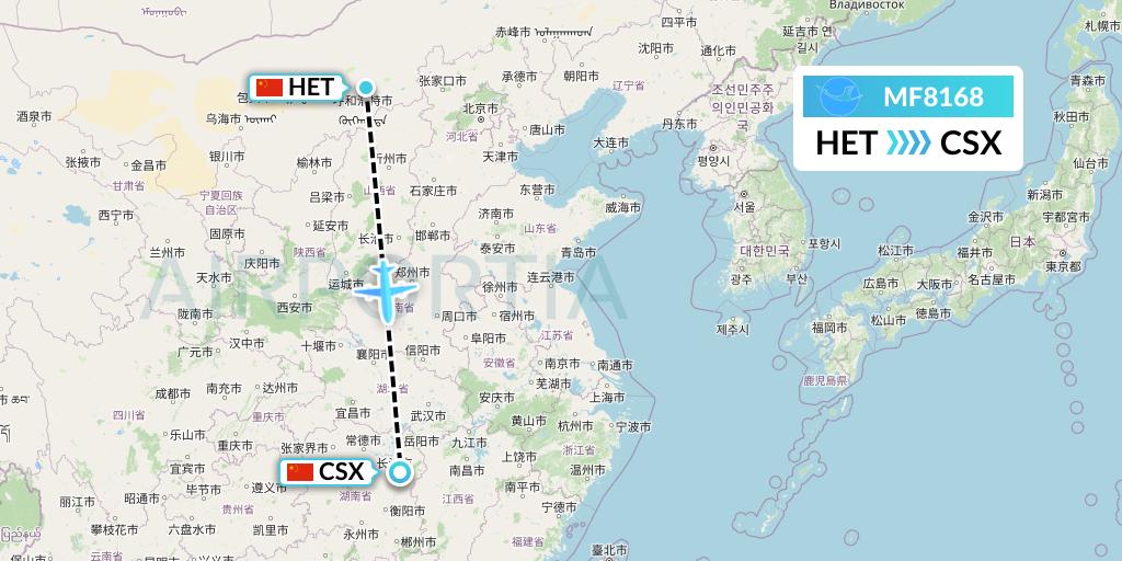 MF8168 Xiamen Airlines Flight Map: Hohhot to Changsha