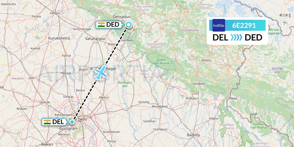 6E2291 IndiGo Airlines Flight Map: Delhi to Dehradun