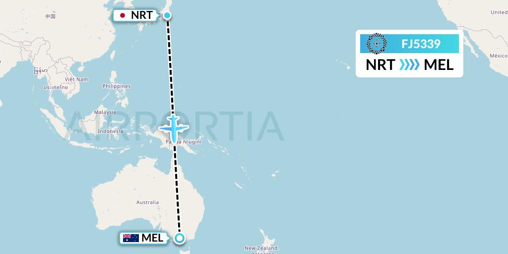 FJ5339 Fiji Airways Flight Map: Tokyo to Melbourne