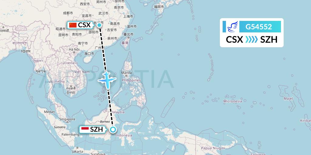 G54552 China Express Airlines Flight Map: Changsha to Senipah-Borneo Island