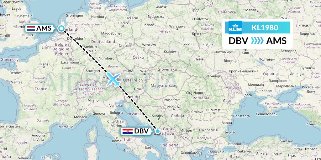 KL1980 KLM Flight Map: Dubrovnik to Amsterdam