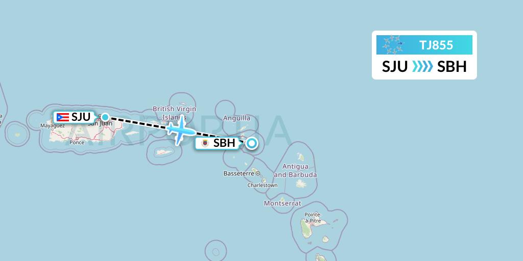 TJ855 Tradewind Aviation Flight Map: San Juan to St. Jean