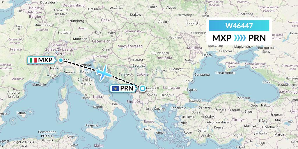 W46447 Wizz Air Malta Flight Map: Milan to Pristina