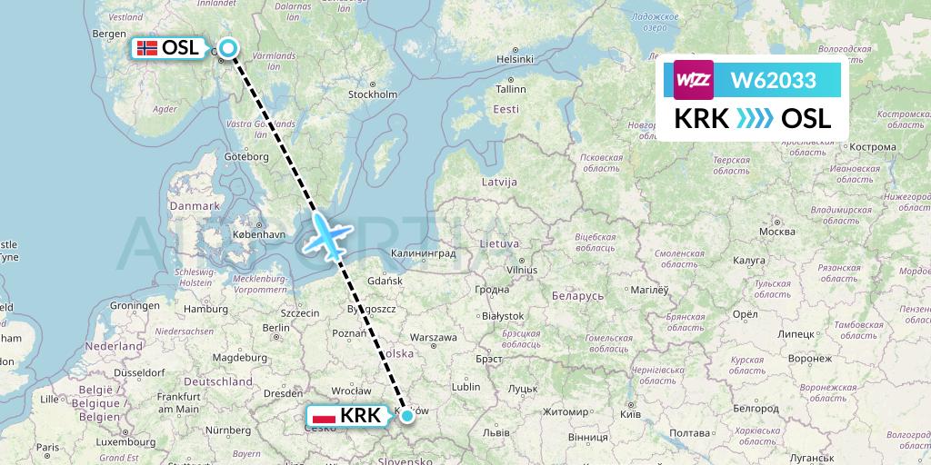 W62033 Wizz Air Flight Map: Krakow to Oslo