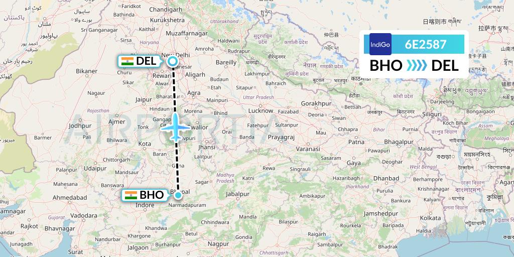 6E2587 IndiGo Airlines Flight Map: Bhopal to Delhi