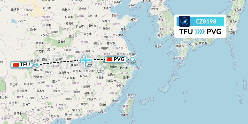 CZ8198 China Southern Airlines Flight Map: Chengdu to Shanghai