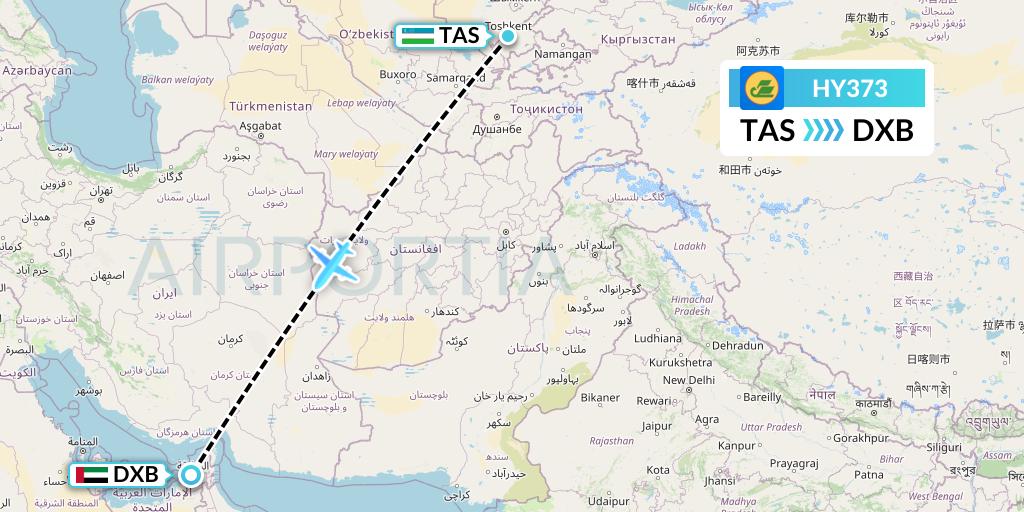 HY373 Uzbekistan Airways Flight Map: Tashkent to Dubai