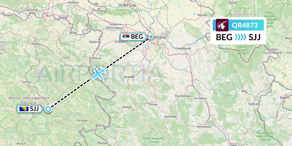 QR4873 Qatar Airways Flight Map: Belgrade to Sarajevo