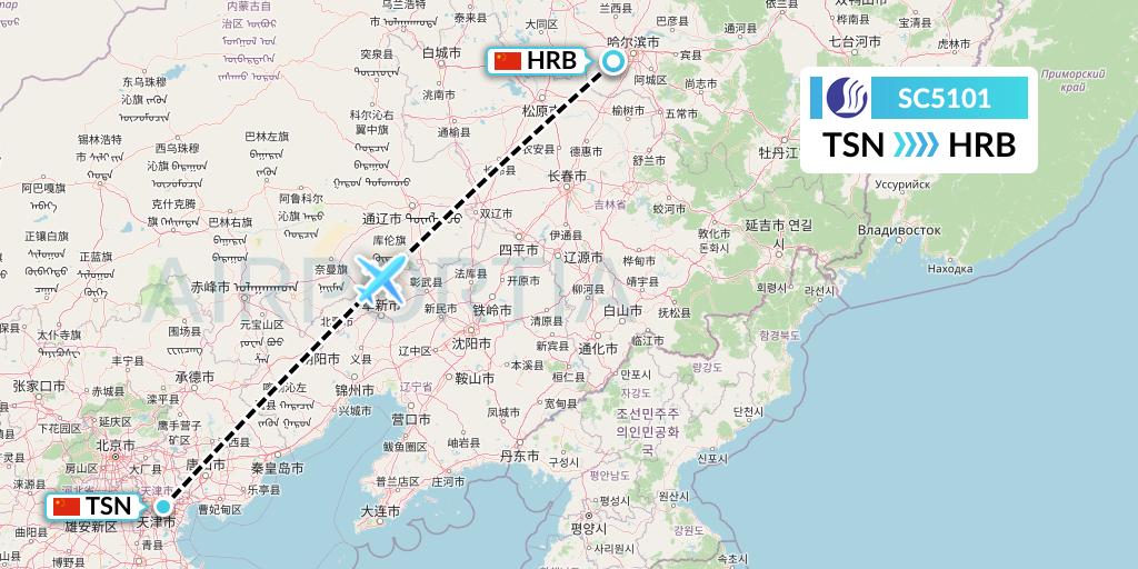 SC5101 Shandong Airlines Flight Map: Tianjin to Harbin